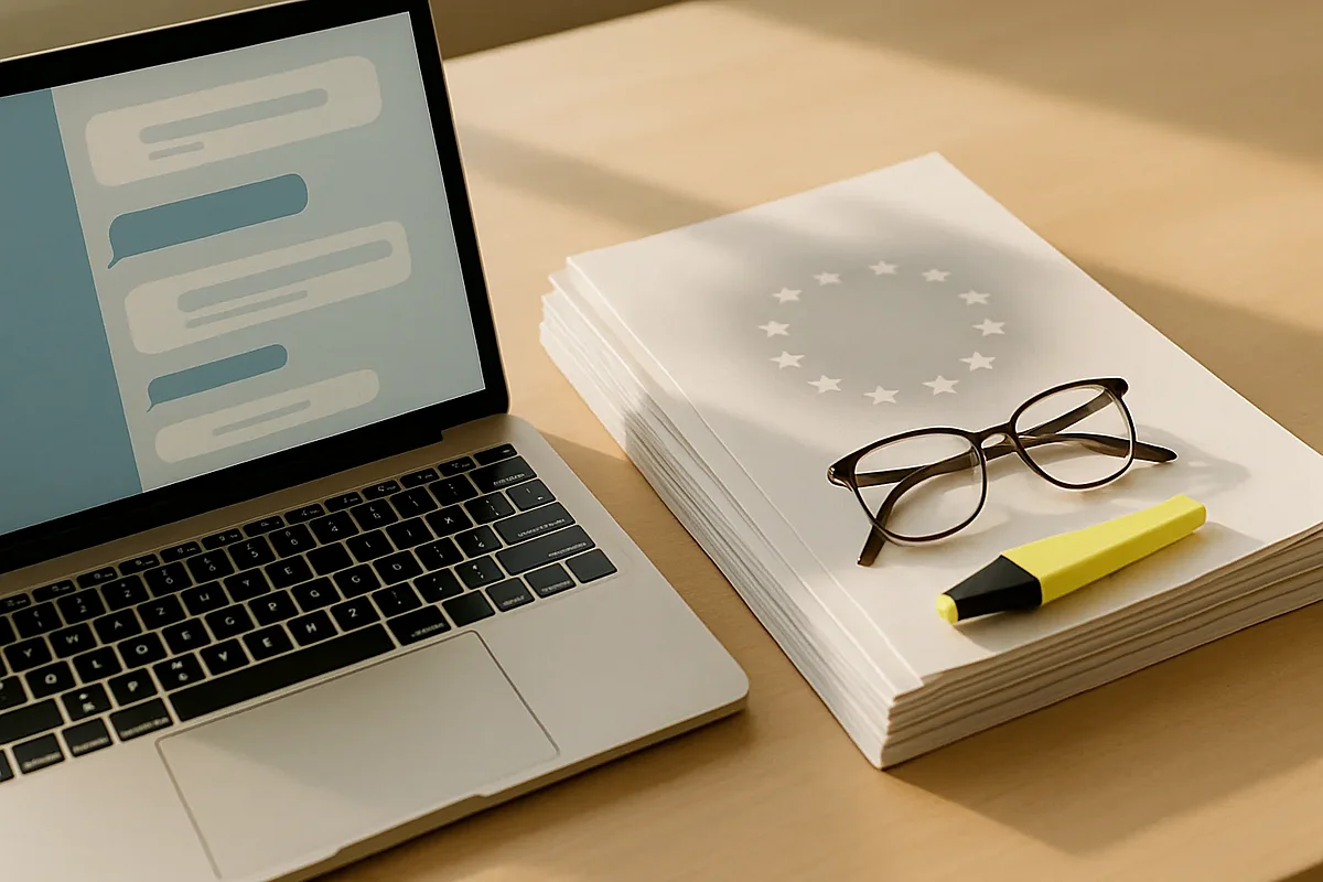EU AI Act — Symbolbild Laptop mit Chat-Oberfläche neben gestapelten EU-Dokumenten mit Sternenkreis-Motiv, Textmarker und Lesebrille