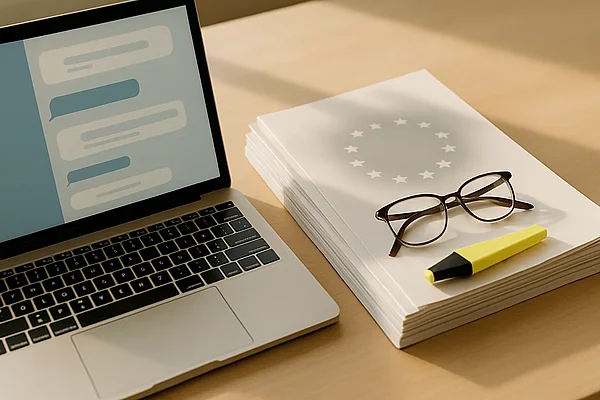 EU AI Act — Symbolbild Laptop mit Chat-Oberfläche neben gestapelten EU-Dokumenten mit Sternenkreis-Motiv, Textmarker und Lesebrille