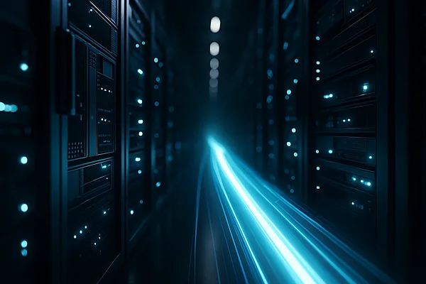Pagespeed und Ladezeit Schnelle cyanfarbene Lichtspuren in einem Server-Gang mit Bewegungsunschärfe — Sinnbild für Website-Ladegeschwindigkeit