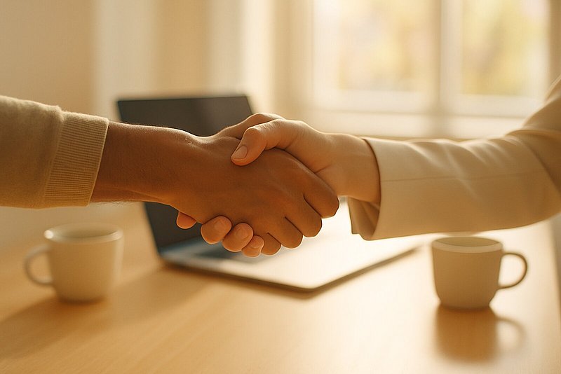 Handschlag zwischen zwei Personen an einem kleinen Bürotisch