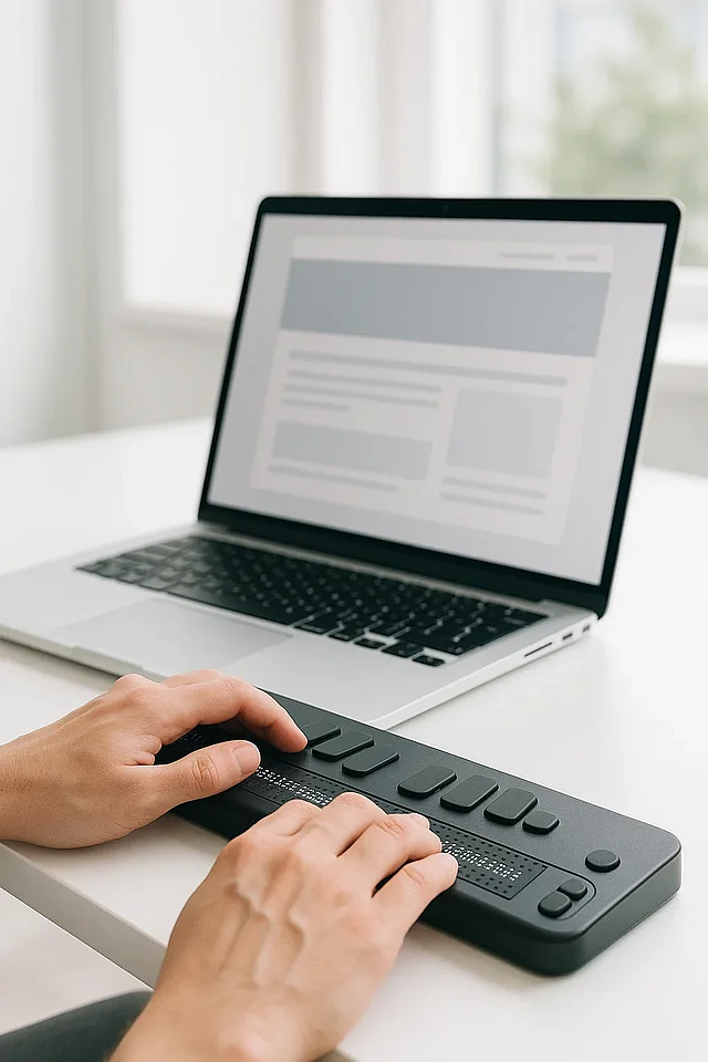 Hände auf einer Braille-Zeile vor einem Laptop — barrierefreie Website in der Nutzung