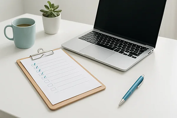 Checkliste und Laptop auf einem hellen Schreibtisch – strukturierter Relaunch-Projektplan Checkliste und Laptop auf einem hellen Schreibtisch – strukturierter Relaunch-Projektplan