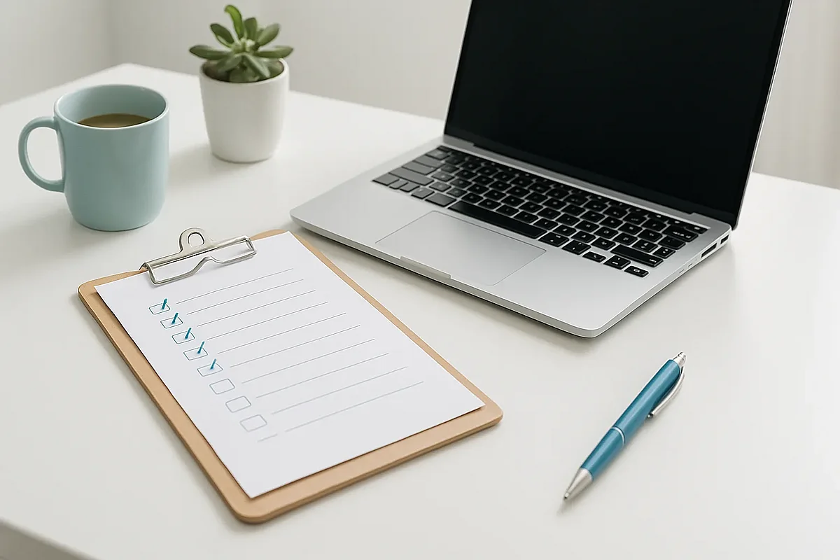 Checkliste und Laptop auf einem hellen Schreibtisch – strukturierter Relaunch-Projektplan Checkliste und Laptop auf einem hellen Schreibtisch – strukturierter Relaunch-Projektplan