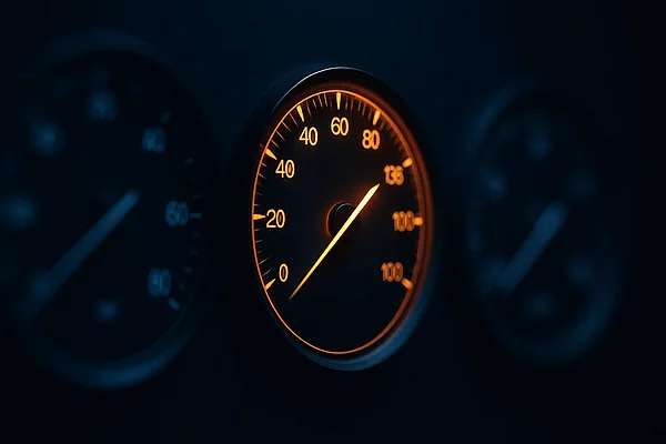Tempo, das zählt Drei abstrakte leuchtende Anzeige-Skalen im Dunkeln, eine warm hervorgehoben — Sinnbild für Core Web Vitals