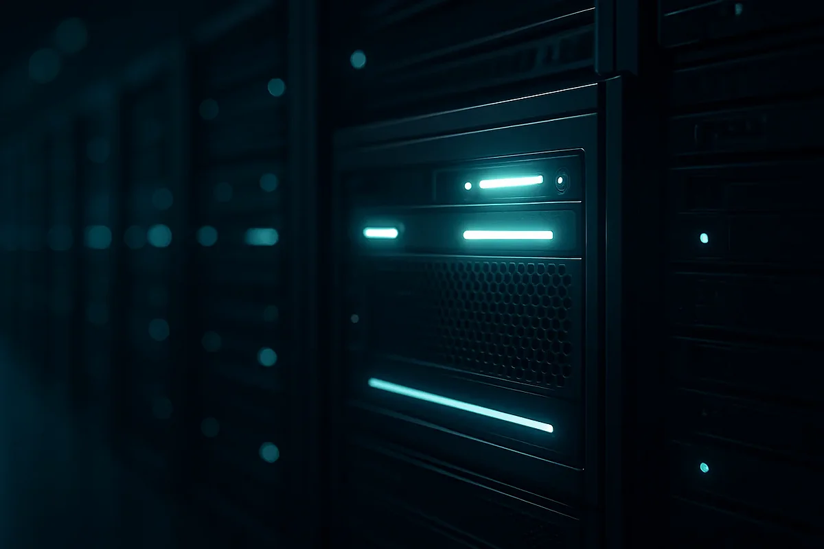Online gefunden werden Hervorgehobene Server-Einheit in einem dunklen Rechenzentrum — Sinnbild dafür, online unter vielen gefunden zu werden