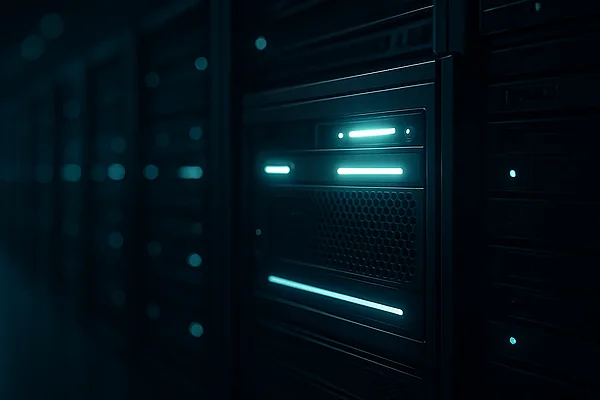 Hervorgehobene Server-Einheit in einem dunklen Rechenzentrum — Sinnbild dafür, online unter vielen gefunden zu werden