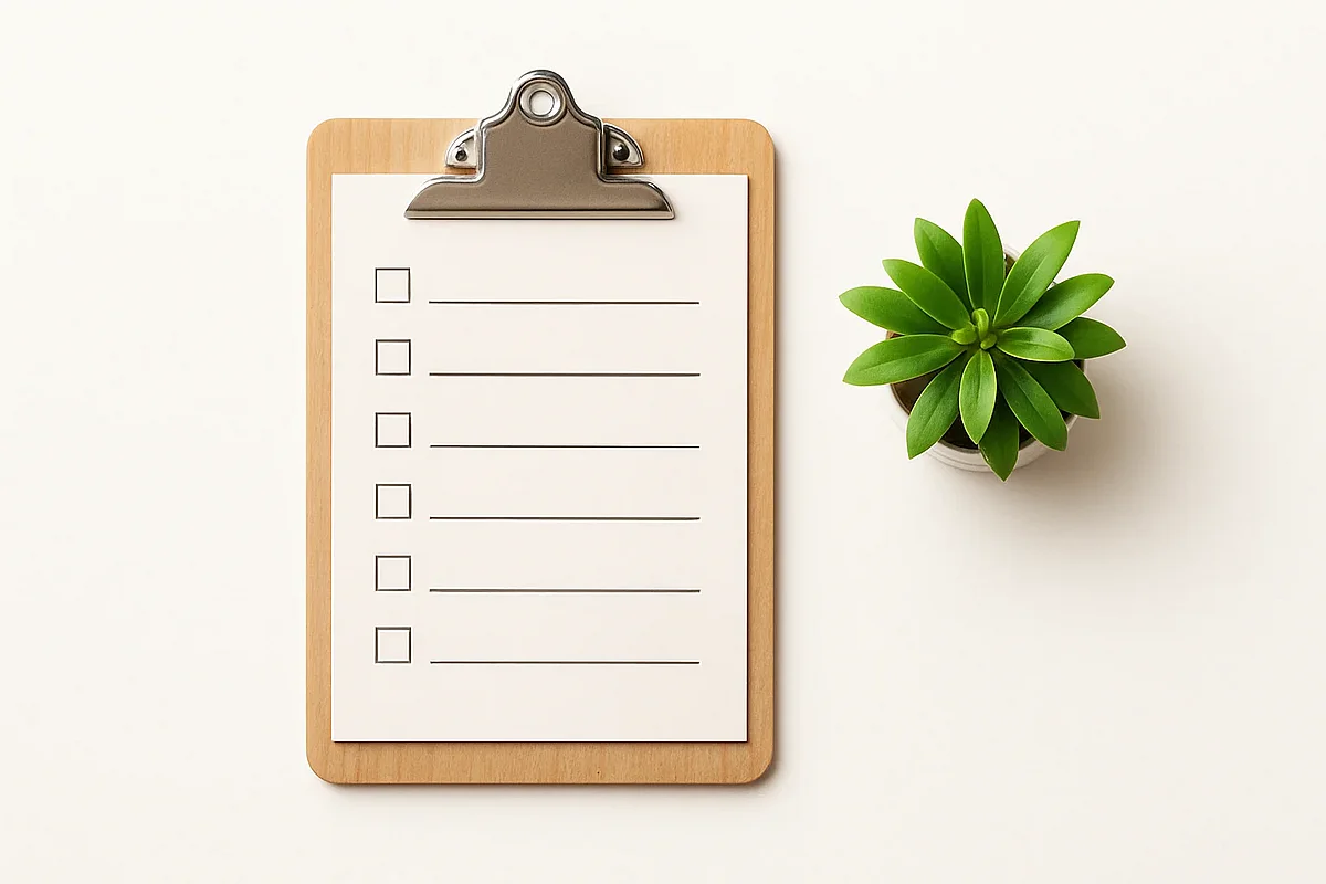 Checkliste für Vereine Klemmbrett mit leerer Checkliste neben einer kleinen Grünpflanze, Symbolbild für Pflichtangaben und Datenschutz-Checks im Verein