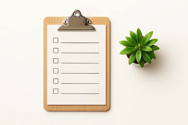 Checkliste für Vereine Klemmbrett mit leerer Checkliste neben einer kleinen Grünpflanze, Symbolbild für Pflichtangaben und Datenschutz-Checks im Verein