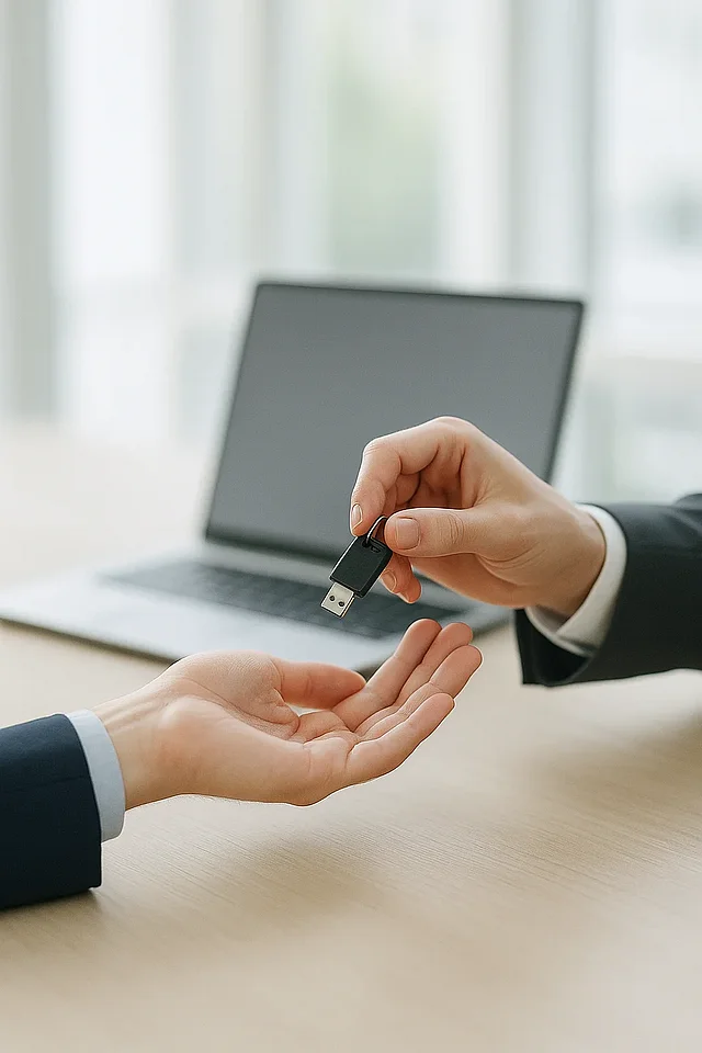 Cloud Web Devs: Übergabe eines USB-Sticks zwischen zwei Personen am Schreibtisch — Symbolbild für die Installationsübernahme