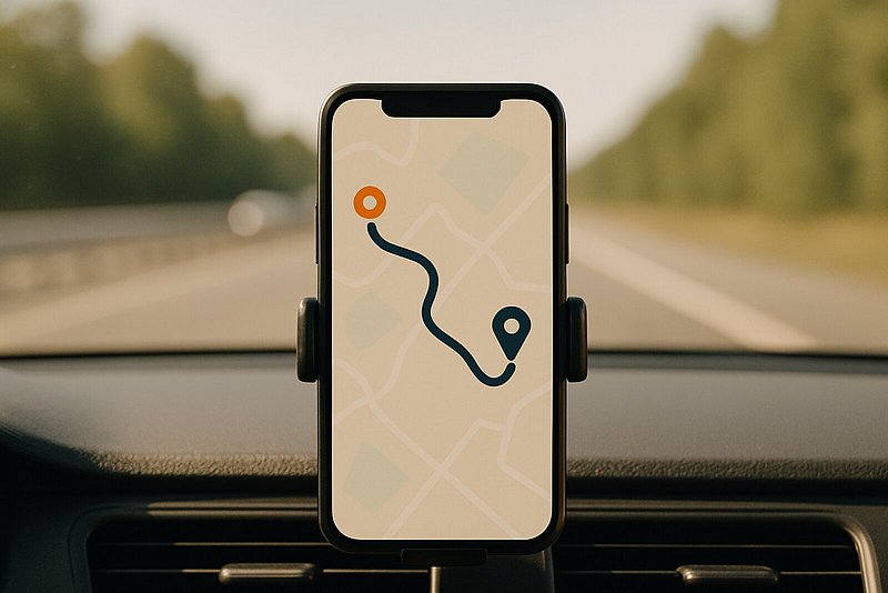 Smartphone mit Navigations-App zeigt eine Route zwischen zwei Punkten, montiert auf einem Autoarmaturenbrett