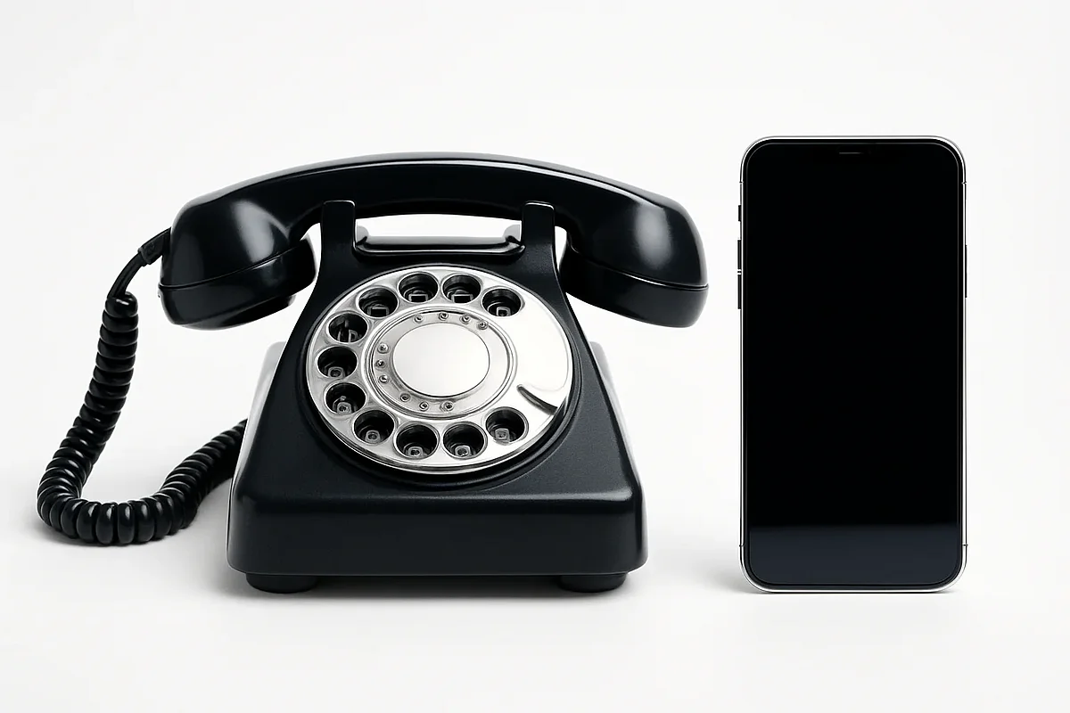Altes und neues Telefon Altes Wählscheibentelefon neben einem modernen Smartphone auf hellem Untergrund, Symbolbild für veraltete TYPO3-Versionen