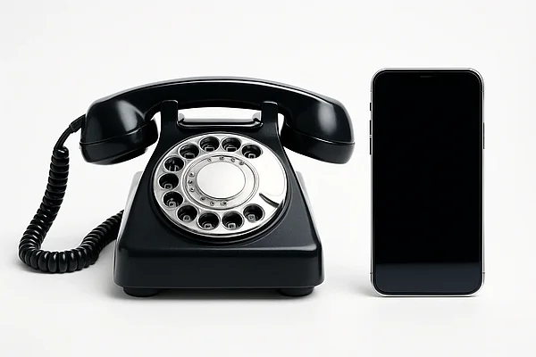 Altes und neues Telefon Altes Wählscheibentelefon neben einem modernen Smartphone auf hellem Untergrund, Symbolbild für veraltete TYPO3-Versionen