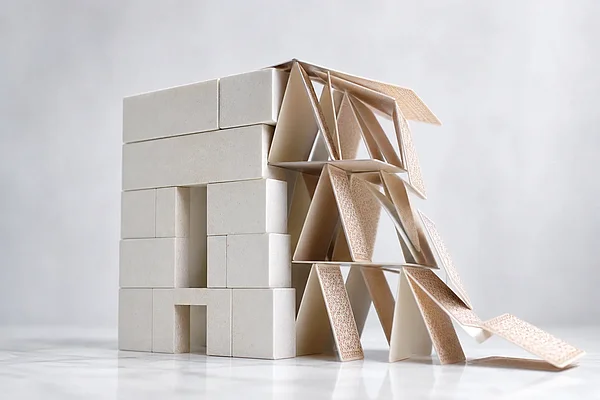 Stabiles Haus aus hellen Bauklötzen neben einem fallenden Kartenhaus – solide gebaute Website gegenüber schnellem, instabilem KI-Eigenbau Stabiles Haus aus hellen Bauklötzen neben einem fallenden Kartenhaus – solide gebaute Website gegenüber schnellem, instabilem KI-Eigenbau