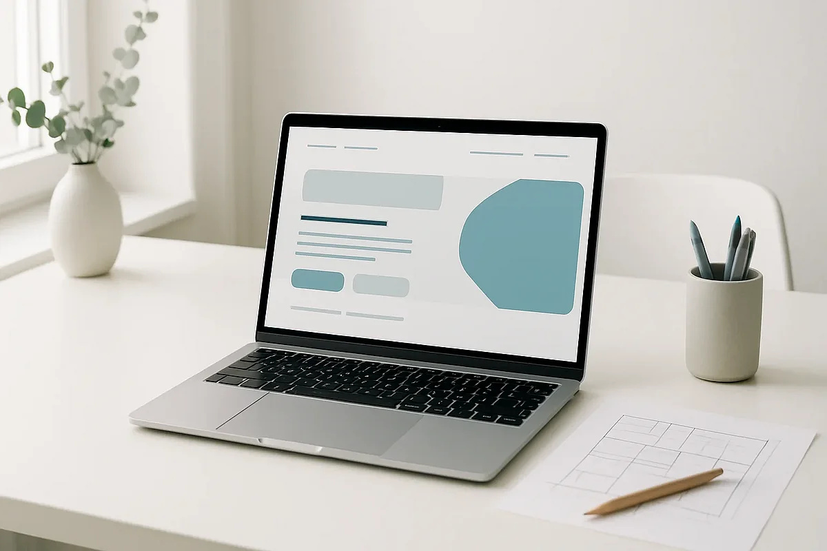 Laptop mit neu gestalteter Website neben einer Grundriss-Skizze – Website-Relaunch planen