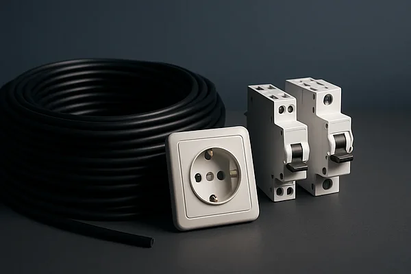 Elektrokabel, Sicherungsautomaten und Steckdose — Sinnbild für das Elektrohandwerk