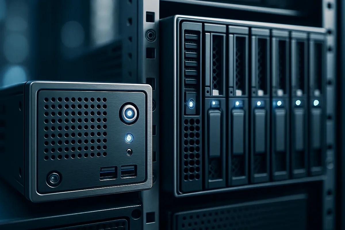 TYPO3 vs. WordPress – CMS-Wahl für Enterprise und KMU im Vergleich Enterprise-Server-Rack neben kompakter Einheit – CMS-Vergleich TYPO3 vs. WordPress