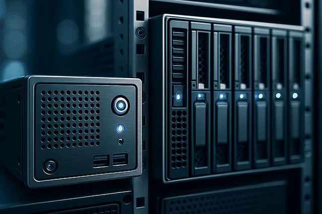 TYPO3 vs. WordPress – CMS-Wahl für Enterprise und KMU im Vergleich Enterprise-Server-Rack neben kompakter Einheit – CMS-Vergleich TYPO3 vs. WordPress