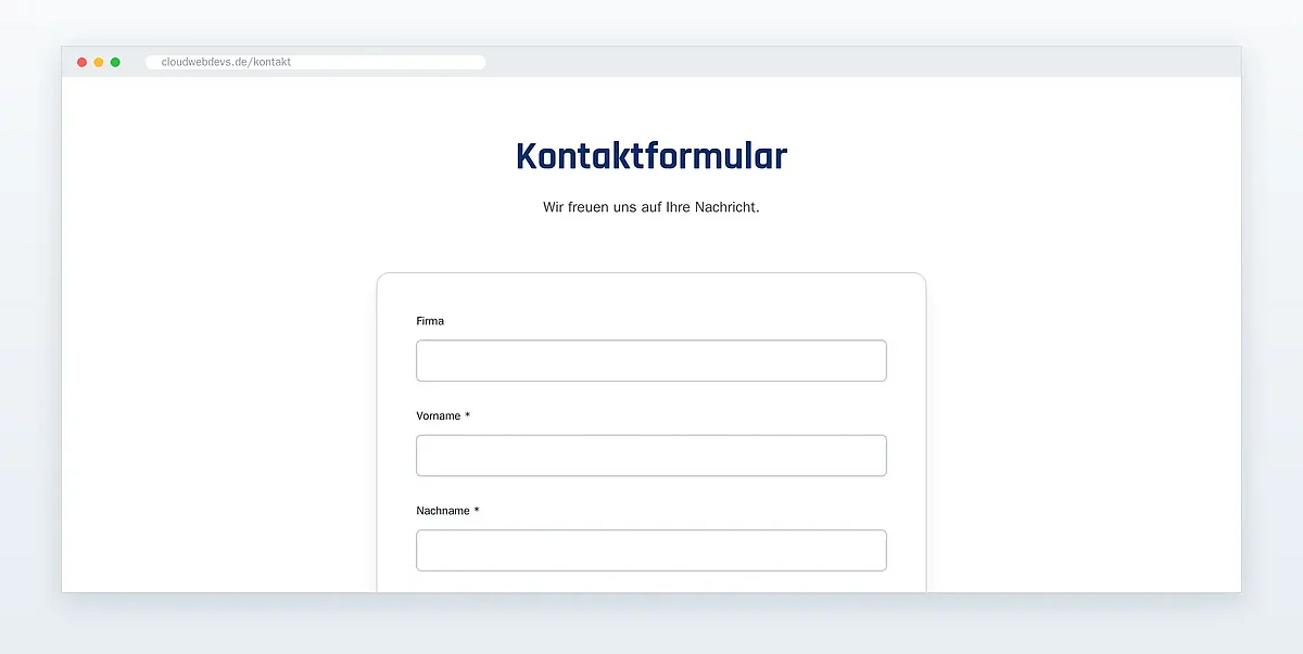 Screenshot des cloudwebdevs-Kontaktformulars mit klar beschrifteten Feldern