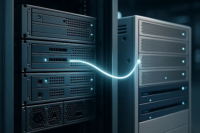 Von WordPress zu TYPO3 wechseln – Server-Migrationsarchitektur Server-Migration: Zwei Rechenzentrum-Systeme verbunden durch Glasfaserkabel – WordPress zu TYPO3 Wechsel