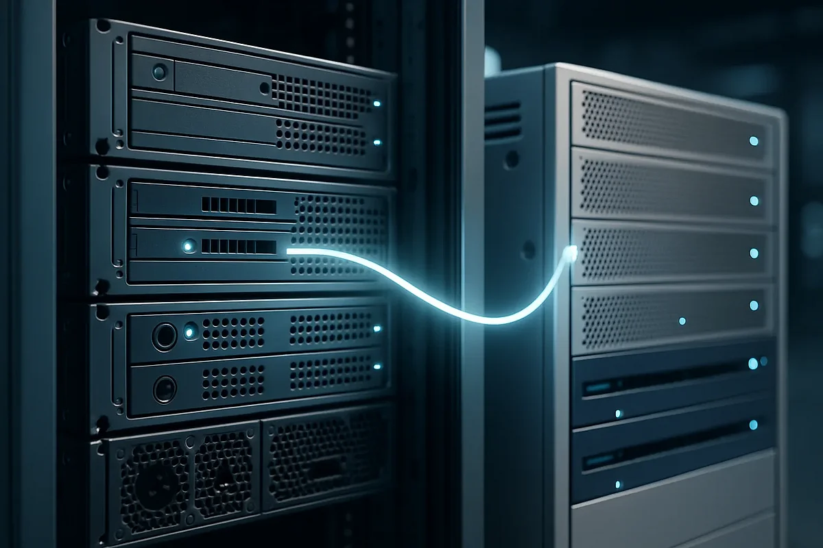 Von WordPress zu TYPO3 wechseln – Server-Migrationsarchitektur Server-Migration: Zwei Rechenzentrum-Systeme verbunden durch Glasfaserkabel – WordPress zu TYPO3 Wechsel