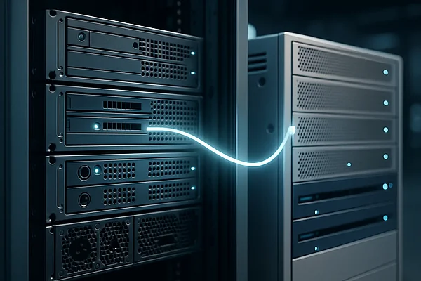 Von WordPress zu TYPO3 wechseln – Server-Migrationsarchitektur Server-Migration: Zwei Rechenzentrum-Systeme verbunden durch Glasfaserkabel – WordPress zu TYPO3 Wechsel