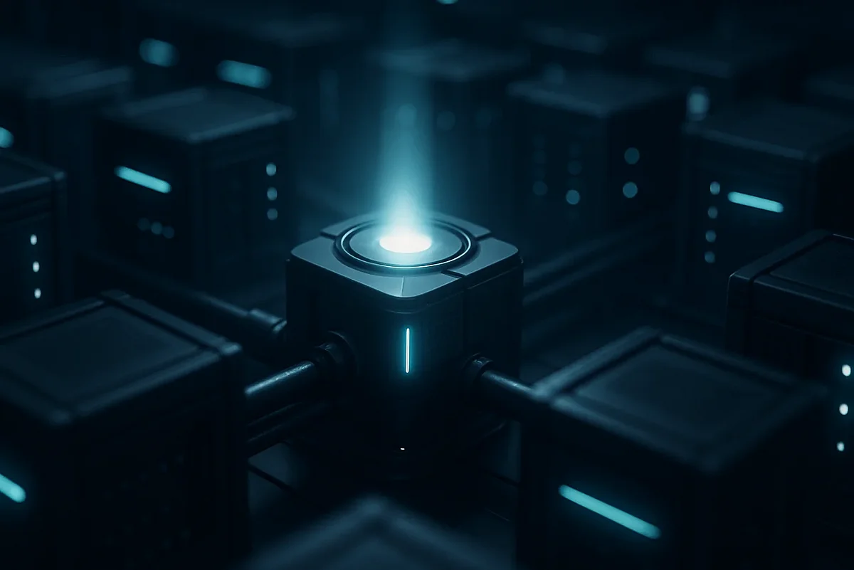 GitOps und Kubernetes Zentraler leuchtender Orchestrierungs-Hub, der Container-Module über Pipelines steuert — Sinnbild für GitOps und Kubernetes