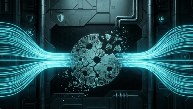 Cyanfarbener Datenstrom fließt durch ein zerbröselndes Platinen-Cookie-Icon. Visualisierung von Cookieless Architecture und Privacy-First-Datenpipelines im Backend.