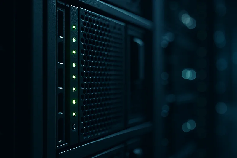 Servergehäuse mit grün leuchtenden Status-LEDs