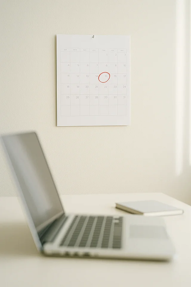 Wandkalender mit rot markiertem Datum über einem Schreibtisch — Symbolbild für die BFSG-Frist ohne Übergangsregel