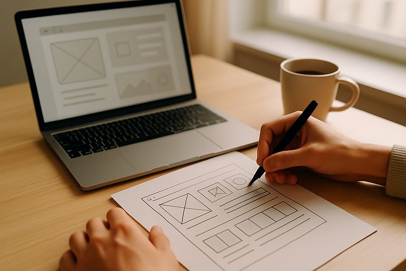 Hand skizziert ein Website-Wireframe auf Papier neben einem Laptop mit Wireframe-Ansicht