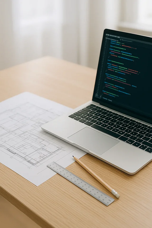 Technische Blaupause neben einem Laptop mit Code — Symbolbild für Web Engineering statt reinem Webdesign