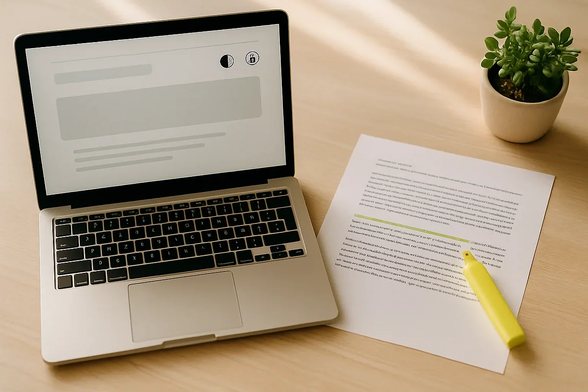 BFSG im Gesetzestext — Symbolbild Laptop mit Website-Mockup und Kontrast-/Barrierefreiheits-Icons neben markiertem Gesetzestext-Ausdruck
