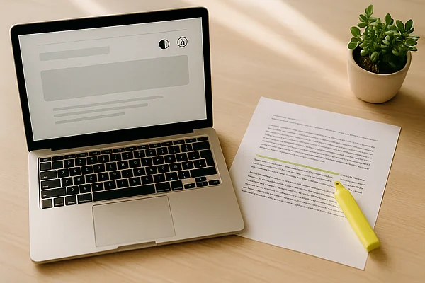 BFSG im Gesetzestext — Symbolbild Laptop mit Website-Mockup und Kontrast-/Barrierefreiheits-Icons neben markiertem Gesetzestext-Ausdruck