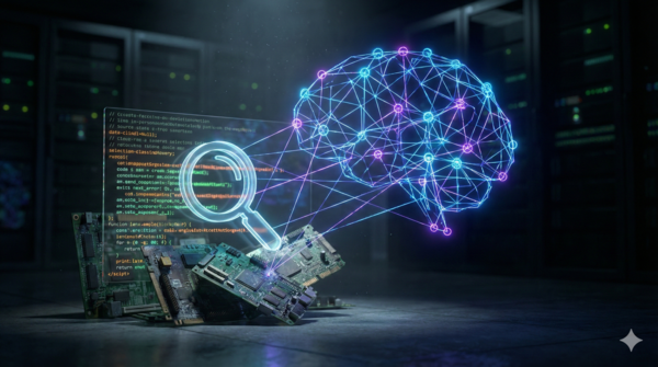 AI-gestützte Technical SEO & Backend-Code-Analyse Visualisierung von AI-Driven Technical SEO: Lupe scannt Backend-Code, verbunden mit einem leuchtenden neuronalen Netzwerk in einer Cloud-Server-Umgebung.