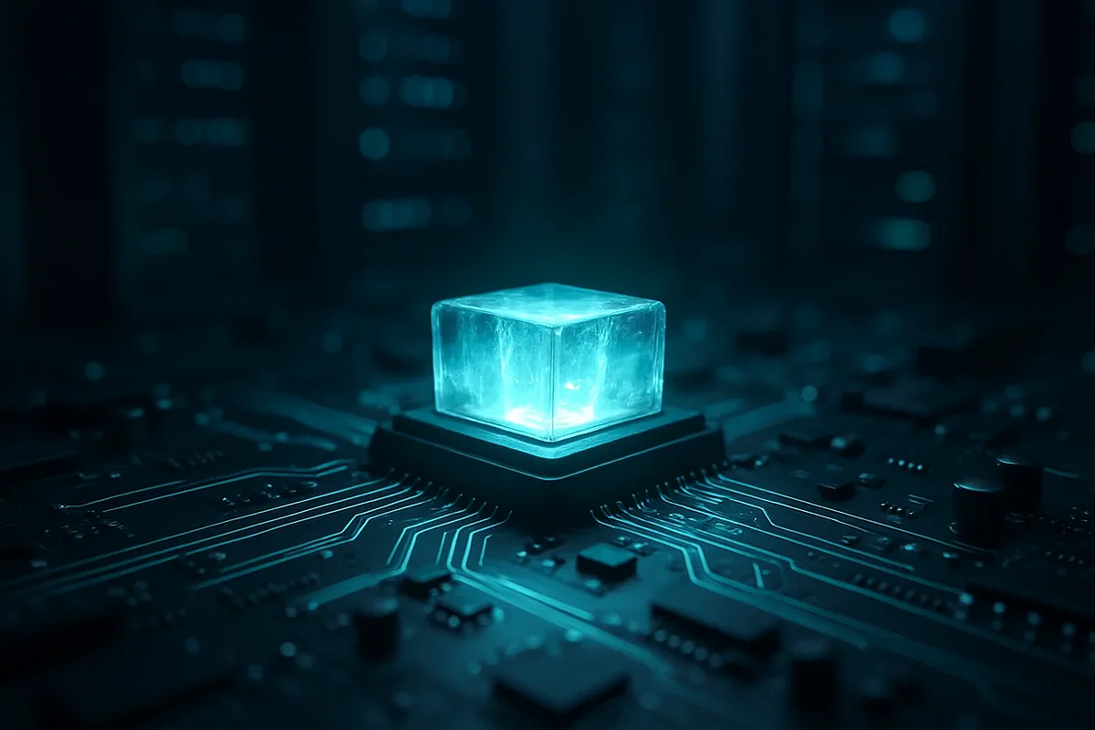 TYPO3 v14 LTS Leuchtender Mikrochip auf einer Server-Platine — Sinnbild für eine neue stabile TYPO3-Plattformgeneration