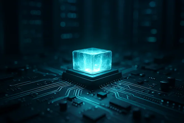 TYPO3 v14 LTS Leuchtender Mikrochip auf einer Server-Platine — Sinnbild für eine neue stabile TYPO3-Plattformgeneration