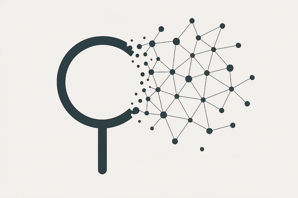 Agentic Search Abstrakte Illustration: eine Lupe, die in ein Netzwerk aus verbundenen Knotenpunkten übergeht, Sinnbild für Suche, die zum Agenten wird