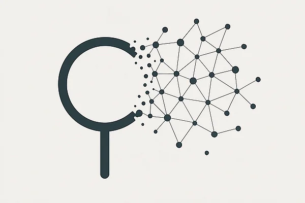Agentic Search Abstrakte Illustration: eine Lupe, die in ein Netzwerk aus verbundenen Knotenpunkten übergeht, Sinnbild für Suche, die zum Agenten wird