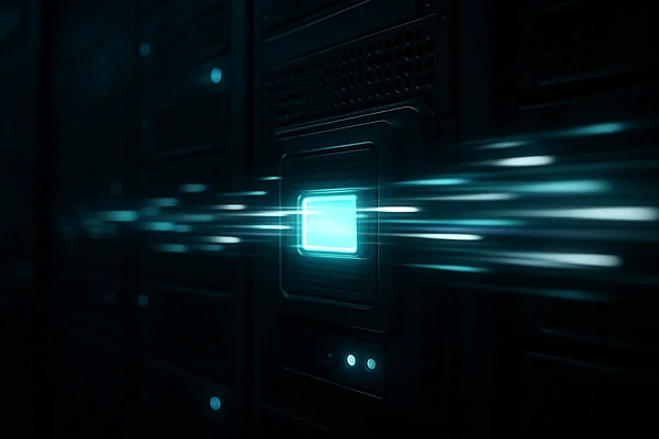 Crawl-Budget und Cache Leuchtendes Cache-Gateway in einem Server-Gang mit rasenden Datenpaketen — Sinnbild für Crawl-Budget und Caching