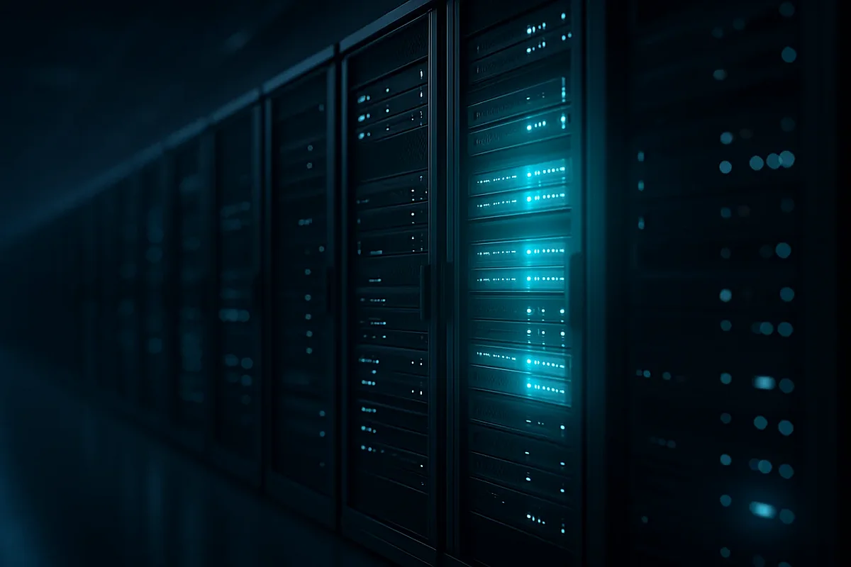 CMS der Börsenkonzerne Reihen von Server-Racks in einem Rechenzentrum, einige cyan hervorgehoben — Sinnbild für die CMS-Landschaft großer Konzerne