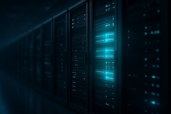 CMS der Börsenkonzerne Reihen von Server-Racks in einem Rechenzentrum, einige cyan hervorgehoben — Sinnbild für die CMS-Landschaft großer Konzerne