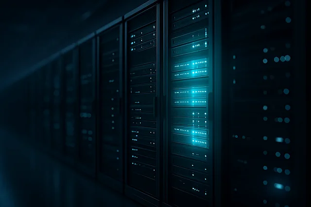 CMS der Börsenkonzerne Reihen von Server-Racks in einem Rechenzentrum, einige cyan hervorgehoben — Sinnbild für die CMS-Landschaft großer Konzerne