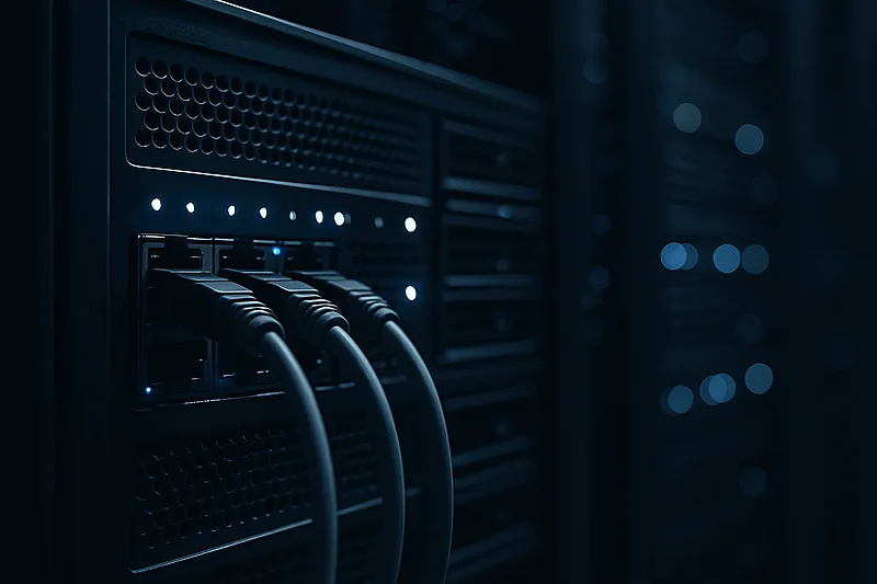 Servergehäuse mit ordentlich verlegten Netzwerkkabeln und Status-LEDs