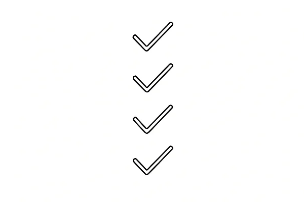 Checkliste KI-Agenten Abstrakte Illustration: vier flache Häkchen-Symbole untereinander, Sinnbild für eine Checkliste