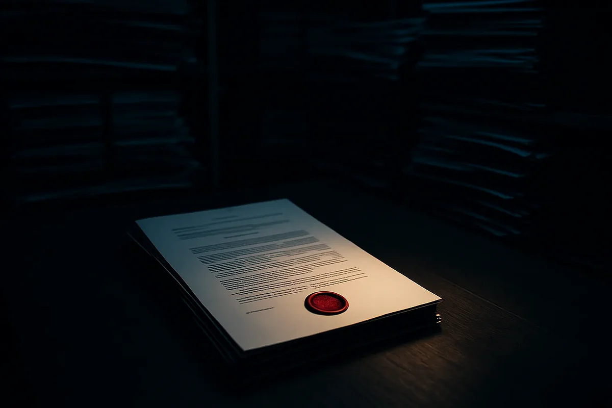 Kanzlei sichtbar machen Ein beleuchtetes Dokument mit Siegel unter vielen dunklen Schriftstücken — Sinnbild für eine sichtbare Anwaltskanzlei