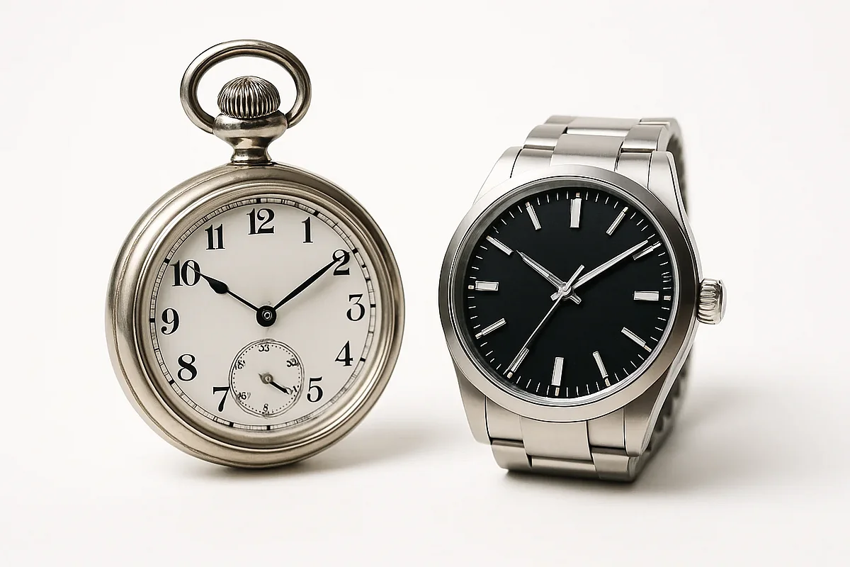 Altes und neues Zeitmessgerät Alte Taschenuhr neben moderner Armbanduhr auf hellem Untergrund, Symbolbild für das Supportende von TYPO3 12