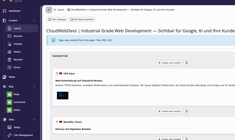 TYPO3 Enterprise CMS Backend — sicheres Content-Management für Dienstleister