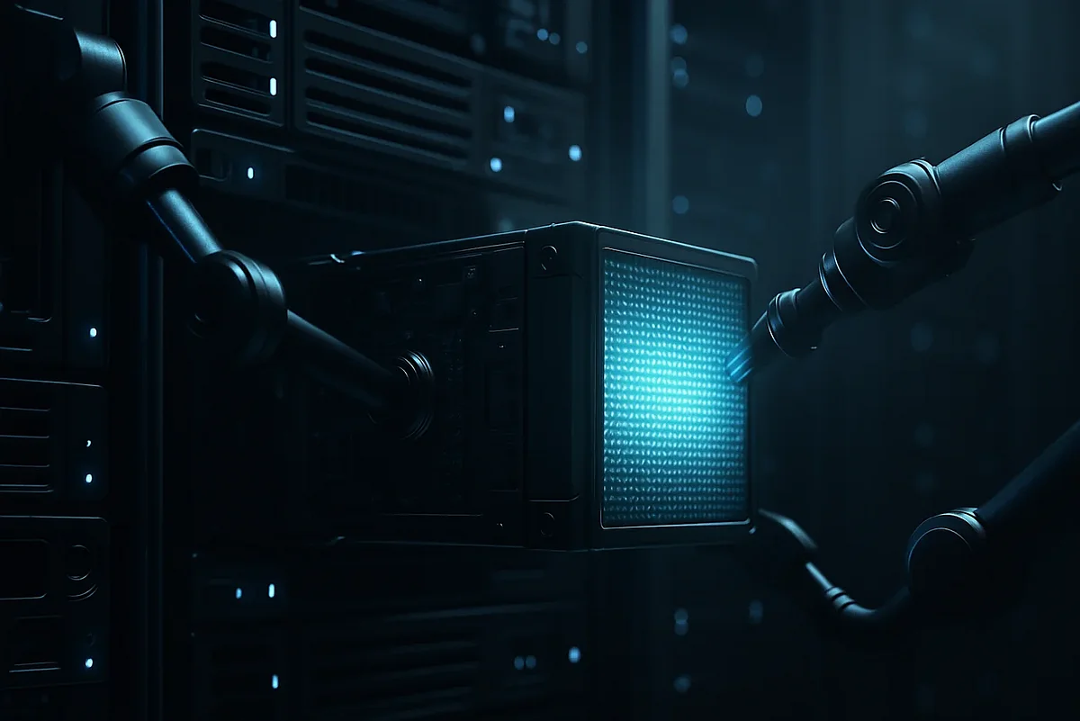 Professionelle Website statt Baukasten Roboterarme setzen ein leuchtendes Servermodul in ein Rack ein — Sinnbild für eine gebaute, eigene Web-Plattform statt Baukasten
