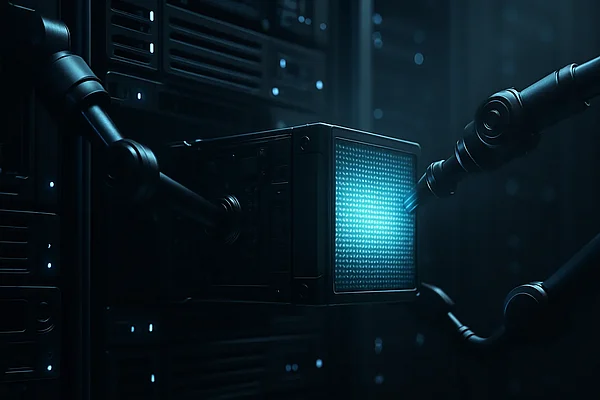 Professionelle Website statt Baukasten Roboterarme setzen ein leuchtendes Servermodul in ein Rack ein — Sinnbild für eine gebaute, eigene Web-Plattform statt Baukasten