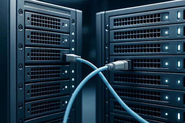 Zwei Enterprise-Server-Racks verbunden durch Migrationskabel – TYPO3-Upgrade von Version 13 auf 14